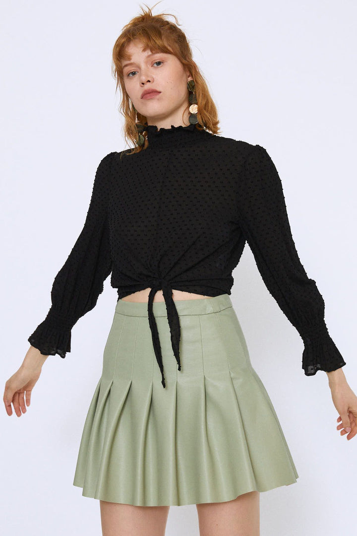 Tie Waist Long Sleeve Blouse Black