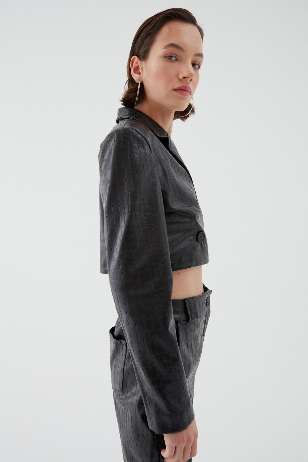 Dokulu Deri Büstiyerli Blazer Ceket Siyah