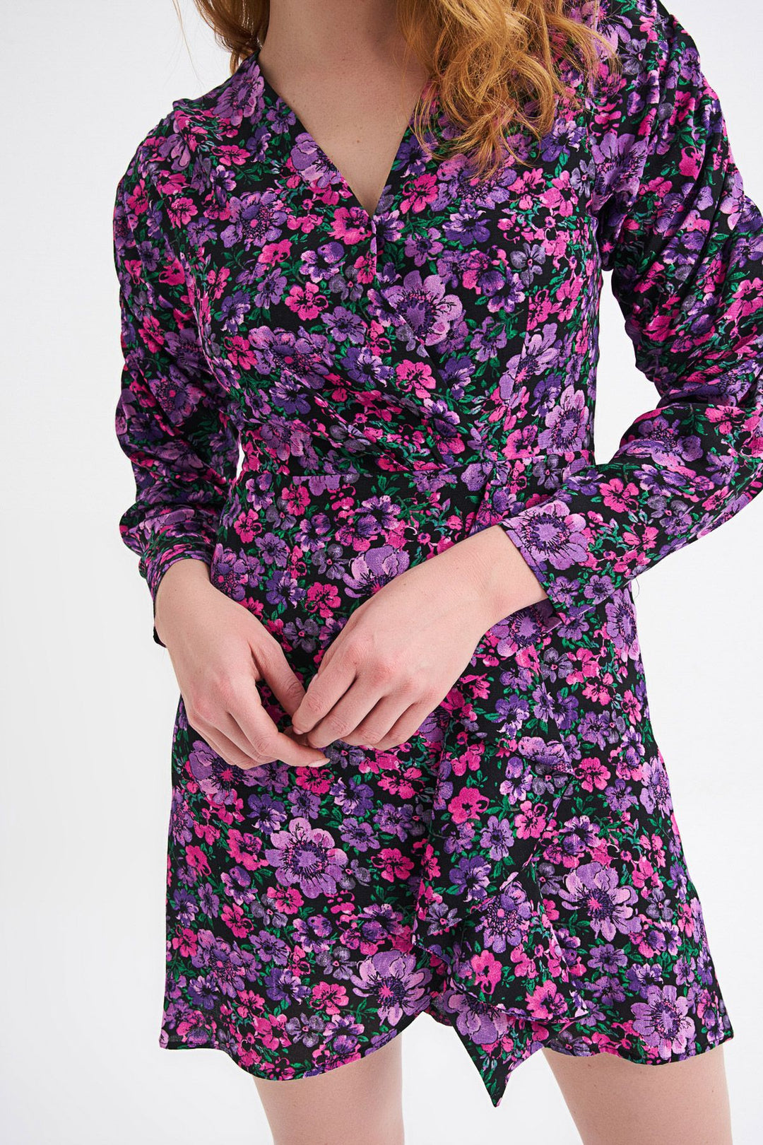 Floral Patterned Frill Detailed Dress Purple