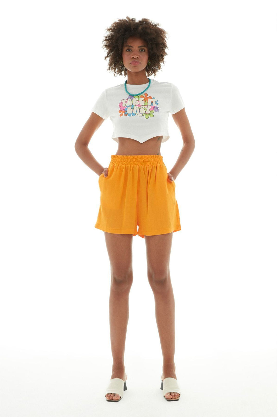 Beli Lastikli Keten Şort Turuncu