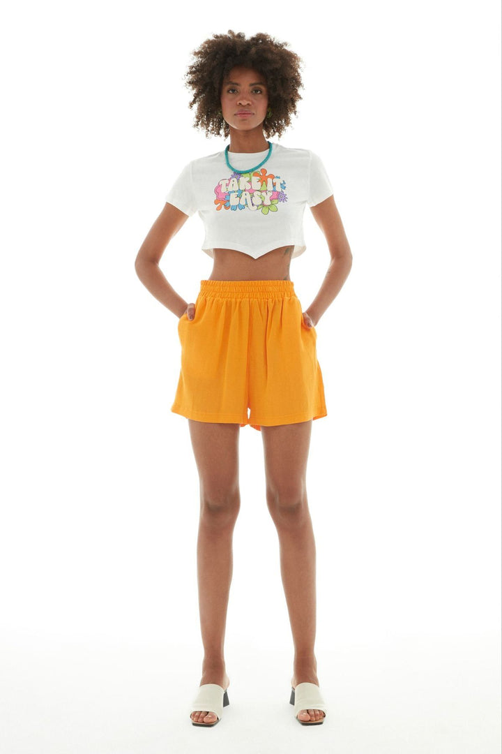 Beli Lastikli Keten Şort Turuncu