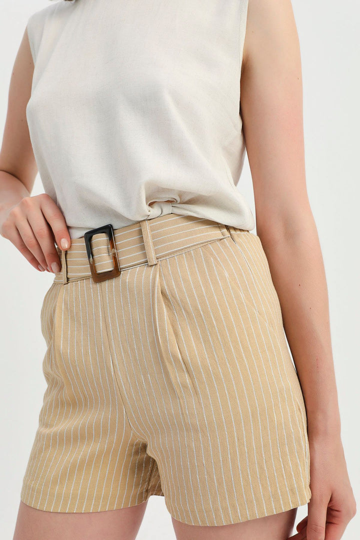 Striped Belted Shorts Beige