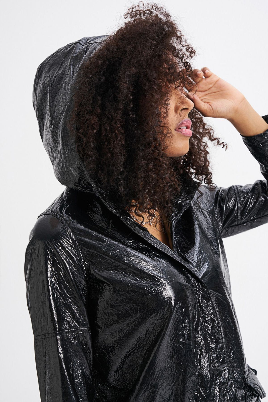 Patent Leather Hooded Raincoat Black