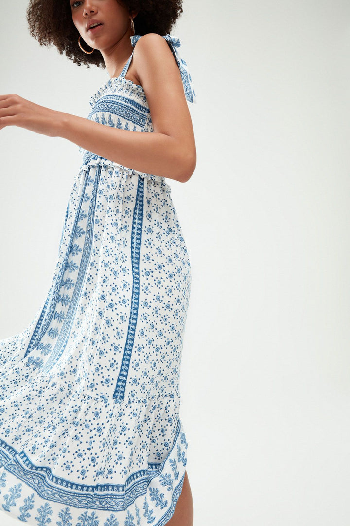 Desenli Gipeli Kalın Askılı Elbise Mavi