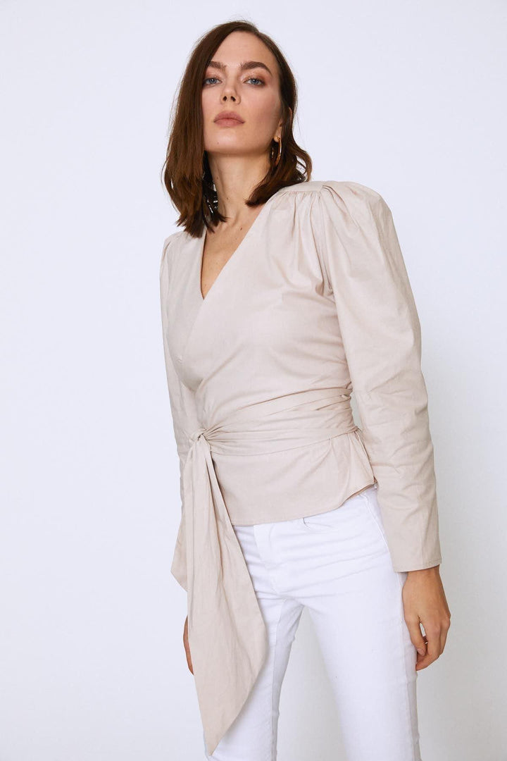 Bağlamalı Kruvaze Bluz Açık Bej