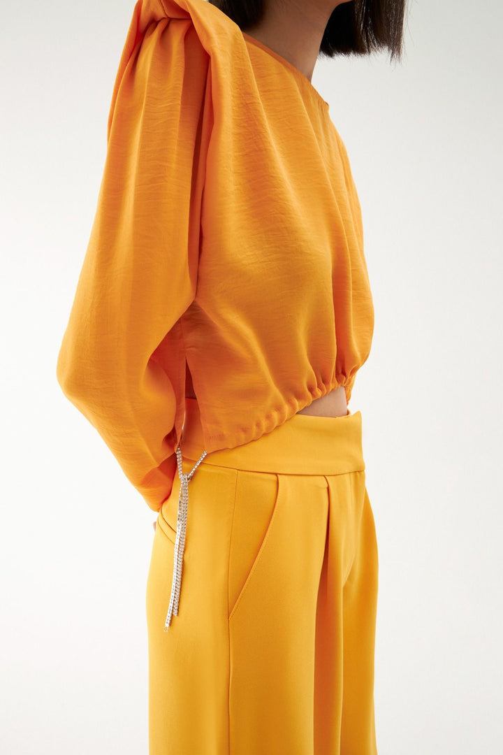 Waist Pleated Waistband Blouse Orange