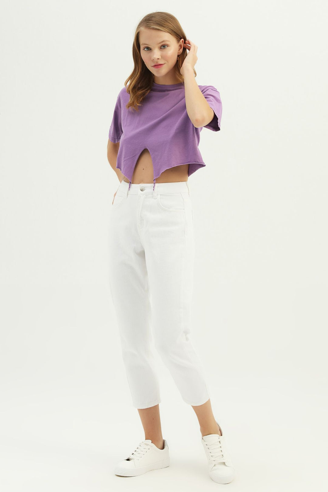 Bağlamalı Crop Tişört Mor