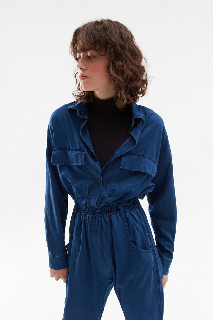 Belted Shirt Collar Jumpsuit Indigo