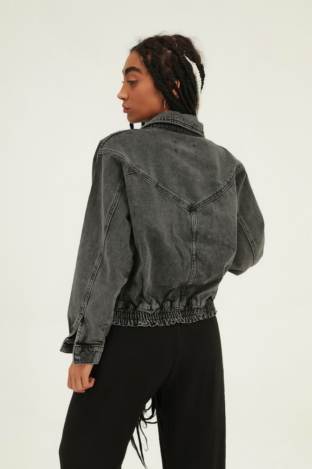 Belt Detailed Zippered Denim Jacket Gray