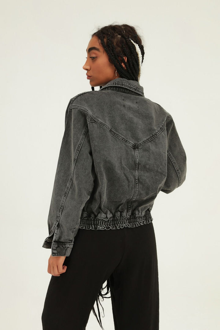 Belt Detailed Zippered Denim Jacket Gray