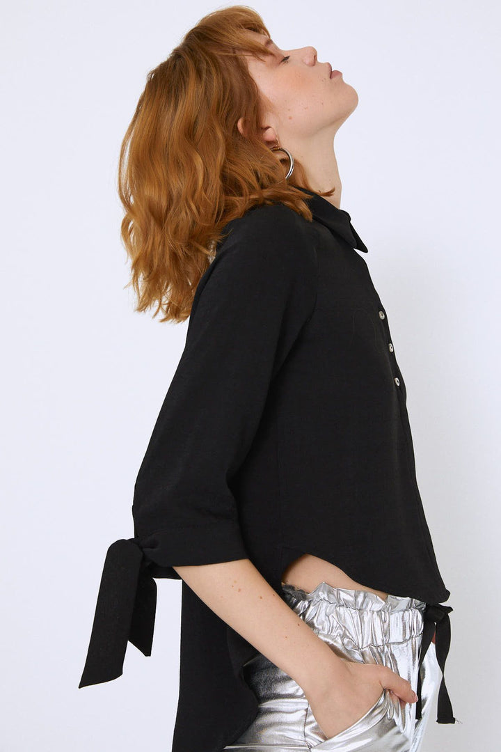 V-Neck Shirt with Tied Sleeves Black