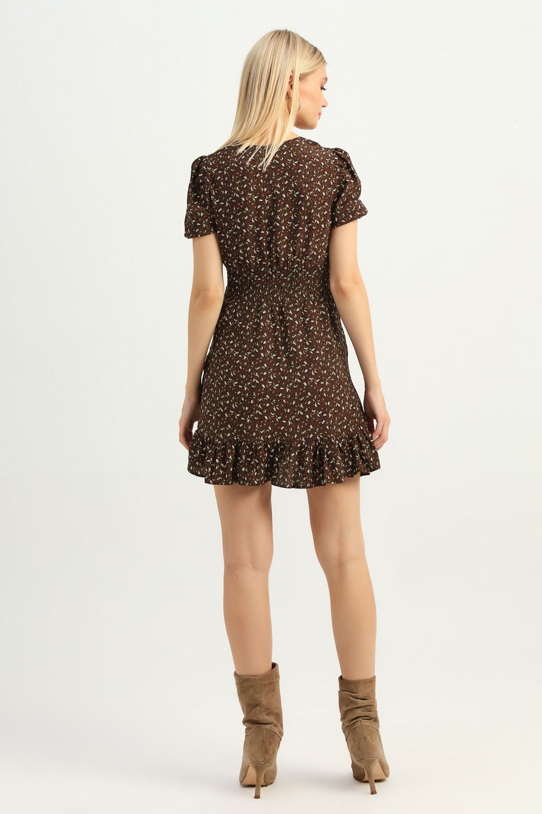 Patterned V-Neck Frilly Dress Brown