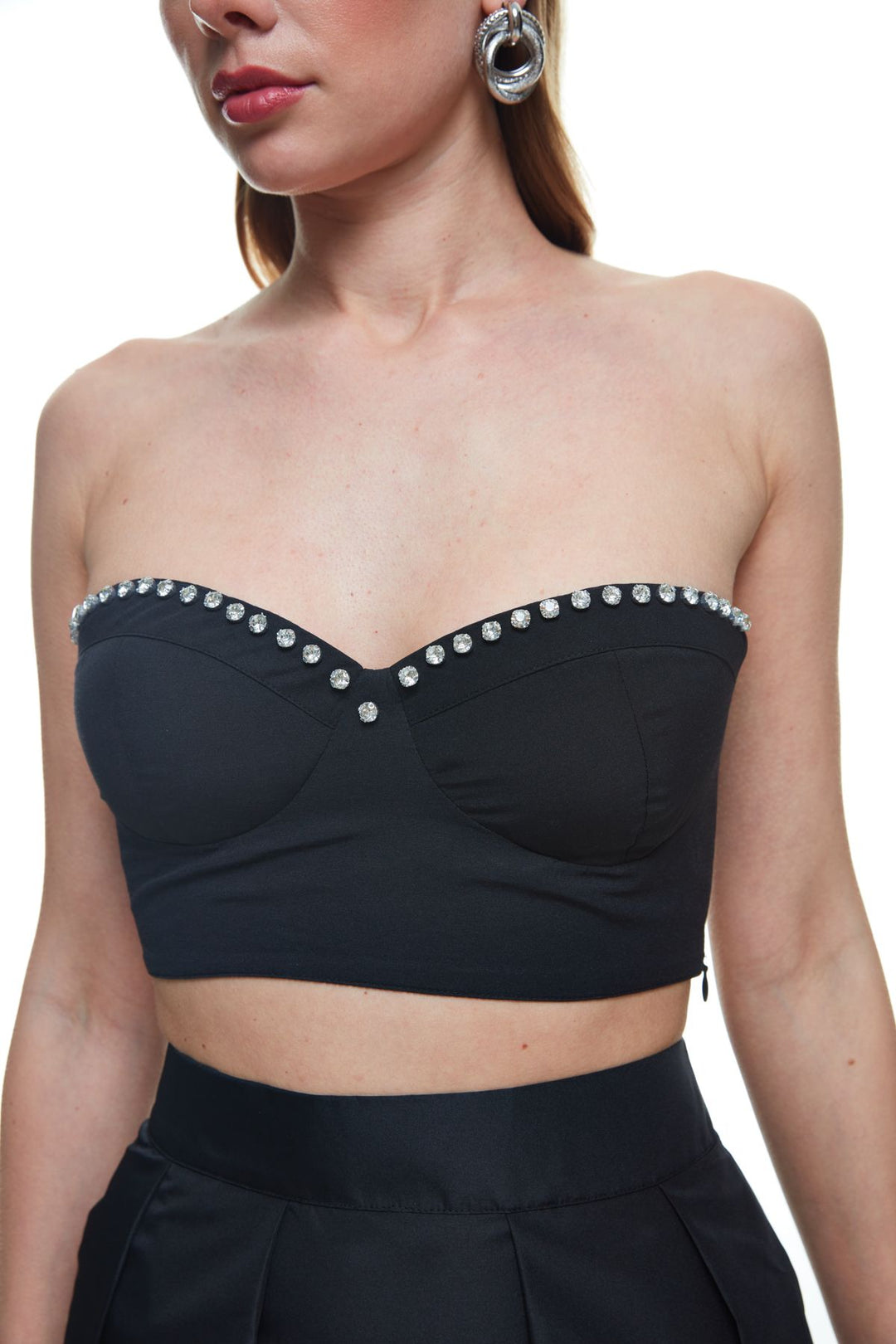 Stone Accessory Strapless Crop Blouse Black