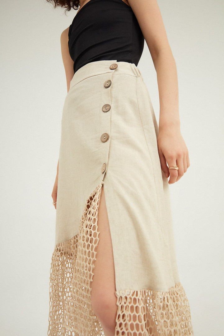 Mesh Detailed Buttoned Linen Skirt Natural
