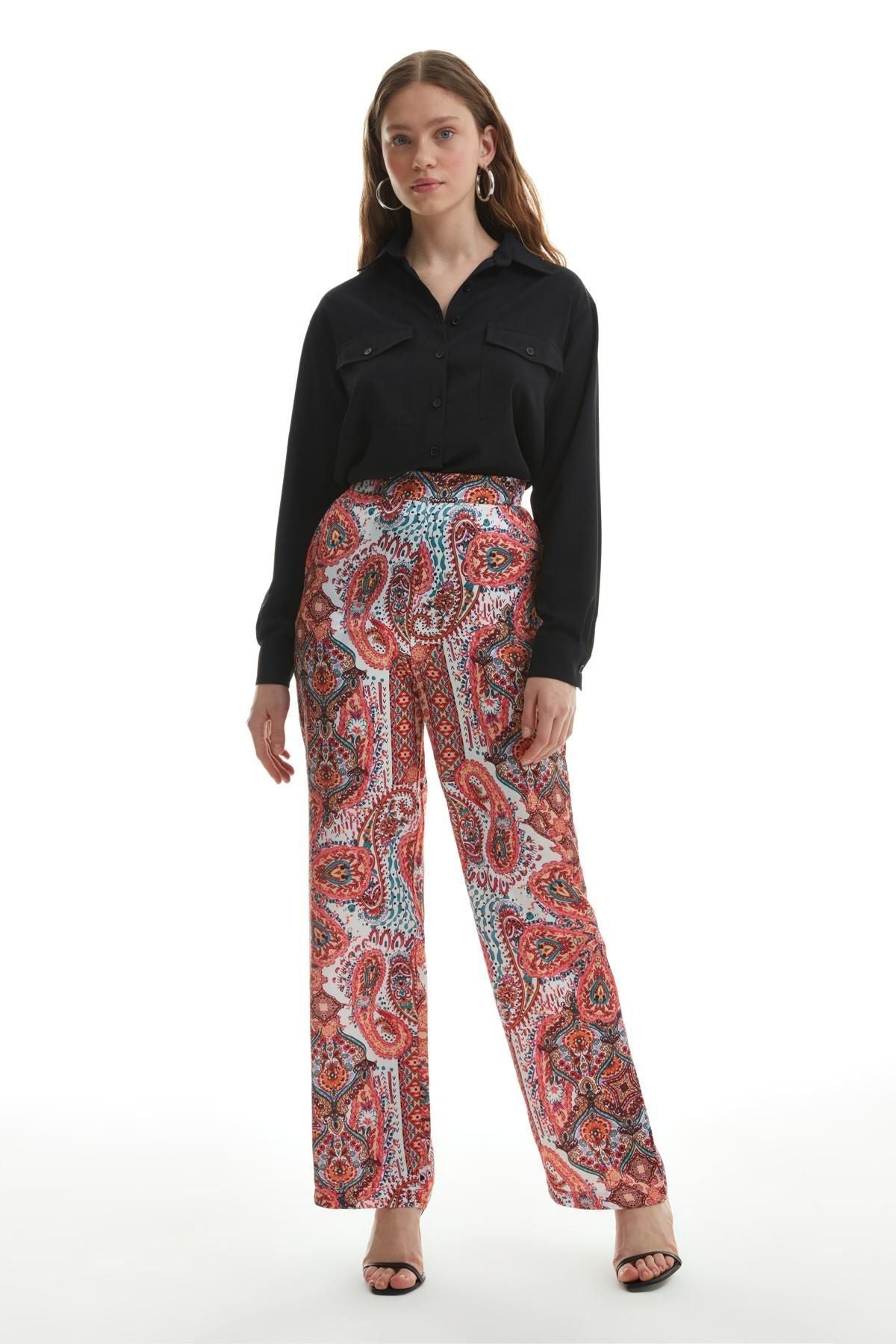 Colorful Patterned Wide Leg Trousers Fuchsia