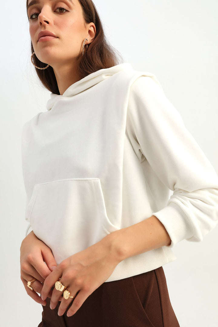 Kapüşonlu Kanguru Cepli Sweatshirt Ekru