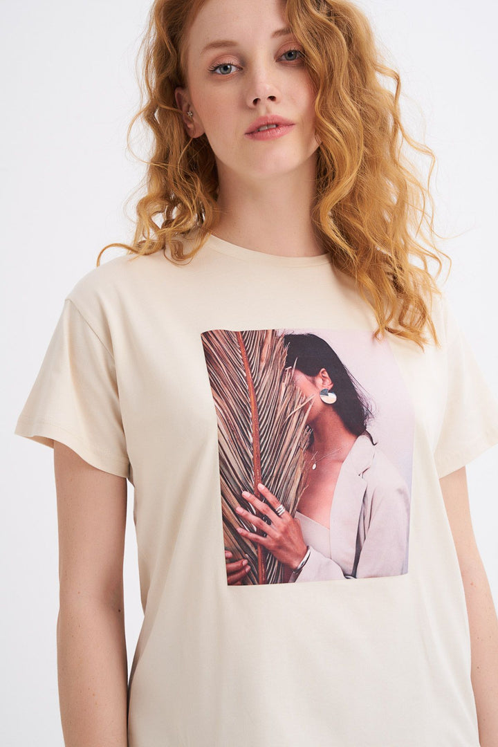 Basklı Tişört Açık Bej