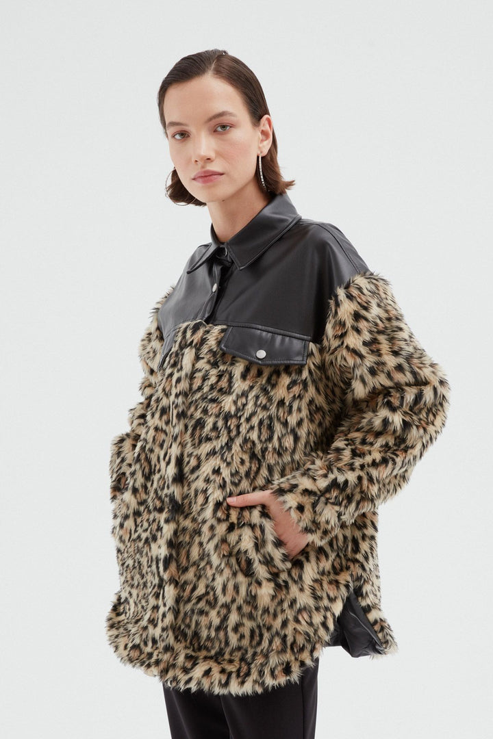 Deri Detaylı Kürk Ceket Kahverengi