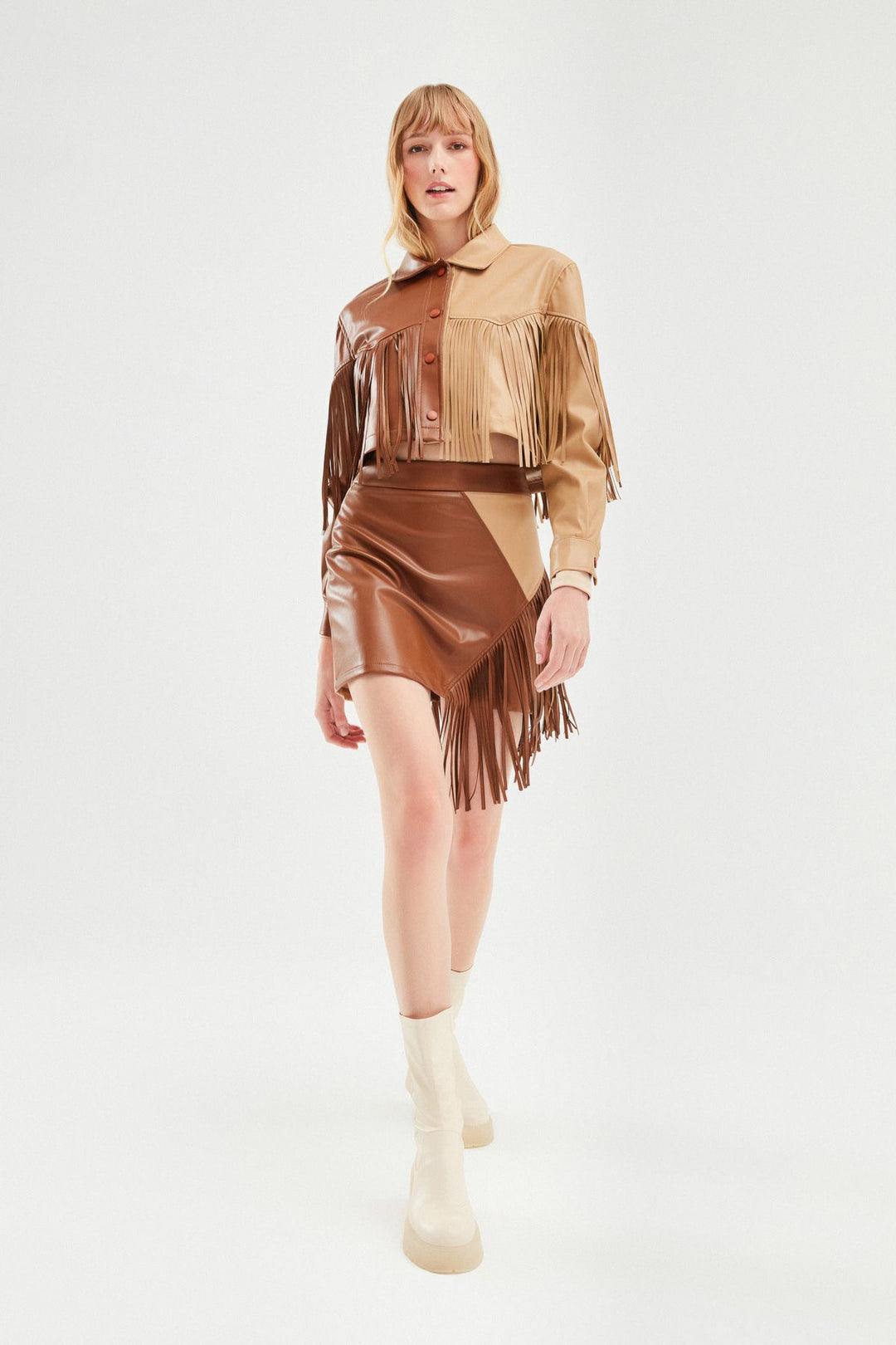 Two Color Tasseled Leather Jacket Brown