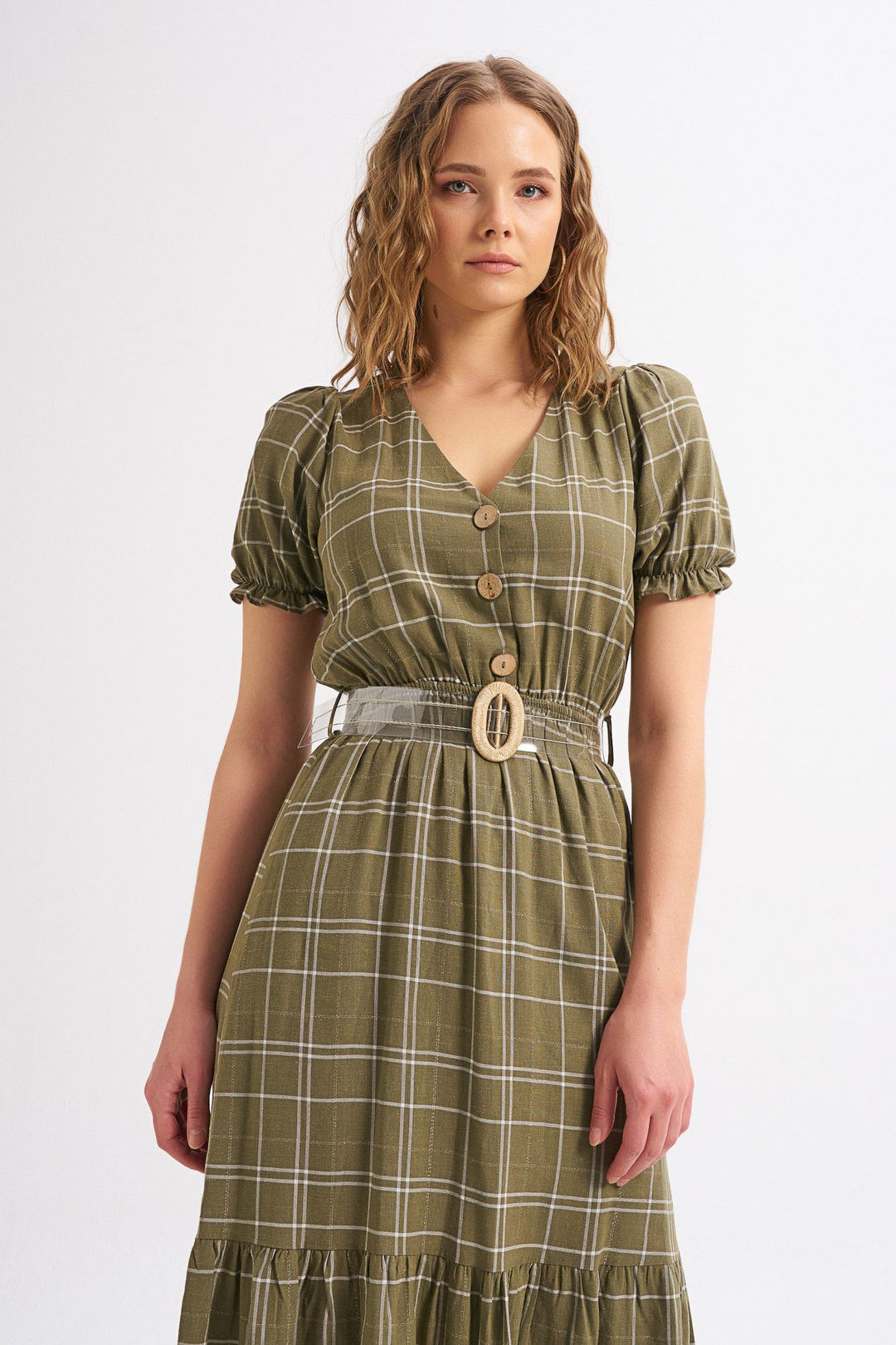 Balon Kol Kemerli Keten Elbise Haki