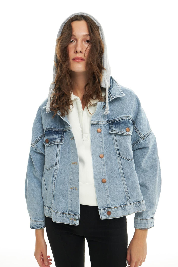 Hooded Oversize Denim Jacket Light Blue