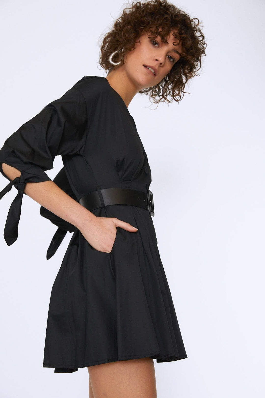 Waist Belt Buttoned Dress Black