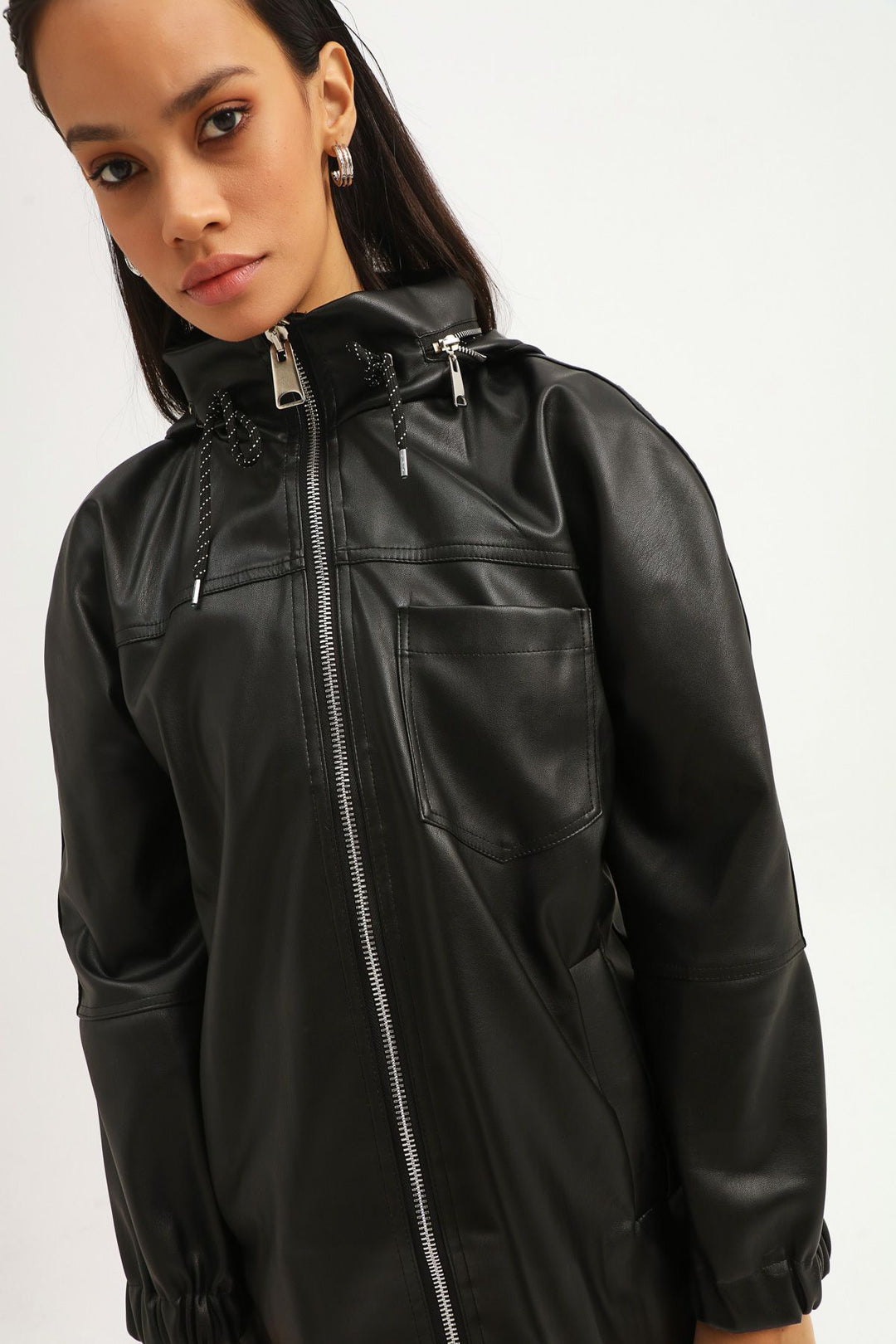 Hooded Zipper Leather Jacket Black