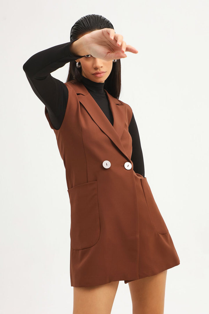 Double Breasted Vest Dress Dark Brown