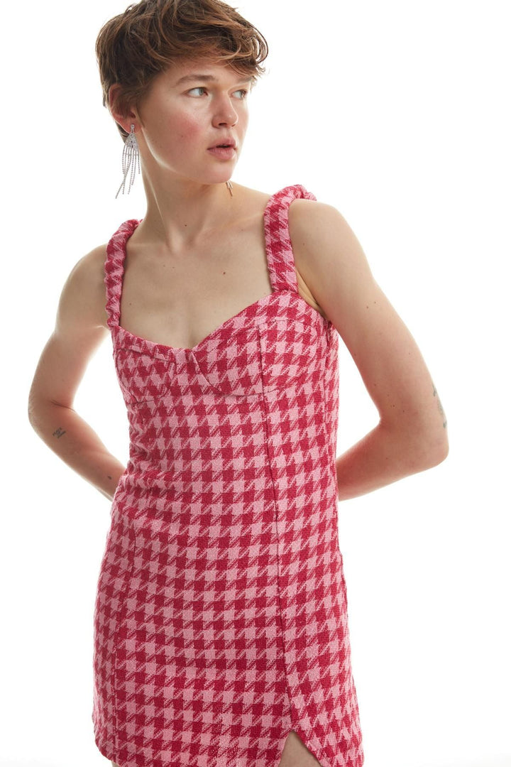 Slit Detailed Tweed Mini Dress Fuchsia