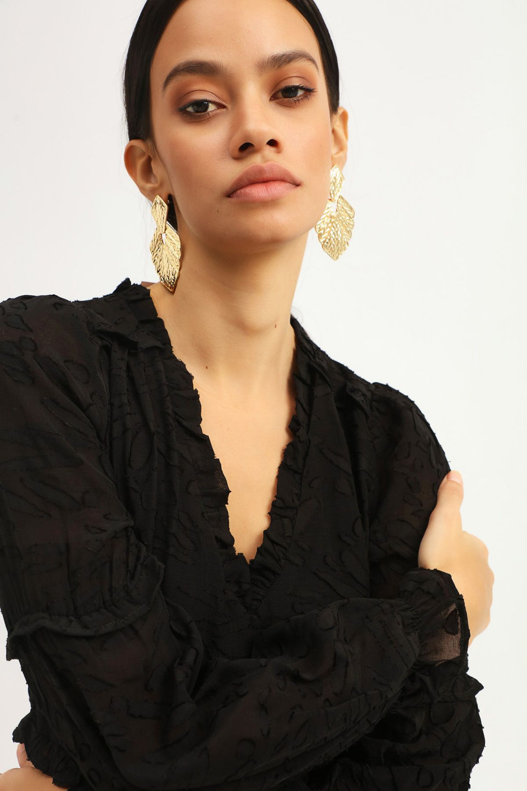 V Neck Frilly Dress Black