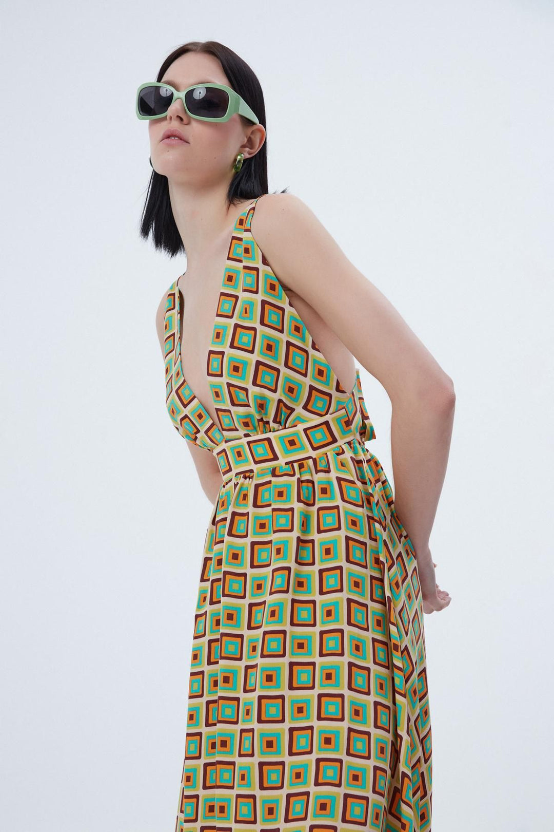 Back Cross Detailed Patterned Dress Beige