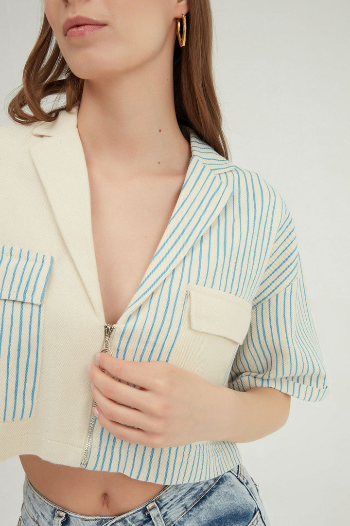 İki Renk Çizgili Kısa Ceket Bebe Mavi