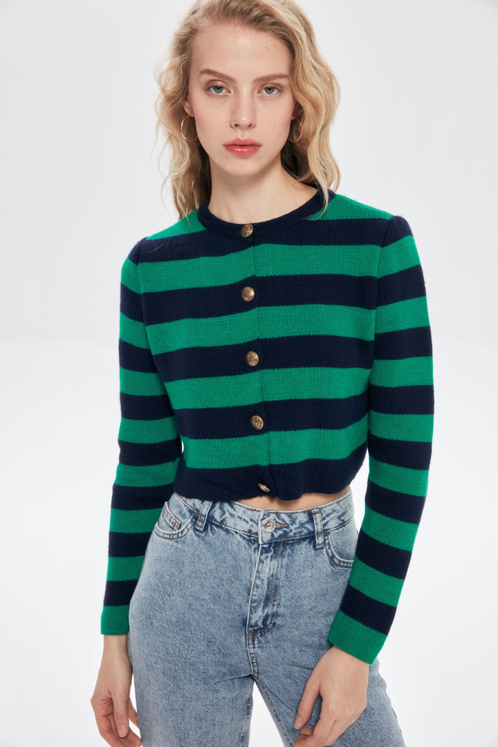 Çizgili Düğme Detaylı Crop Hırka Laci-Yeşil