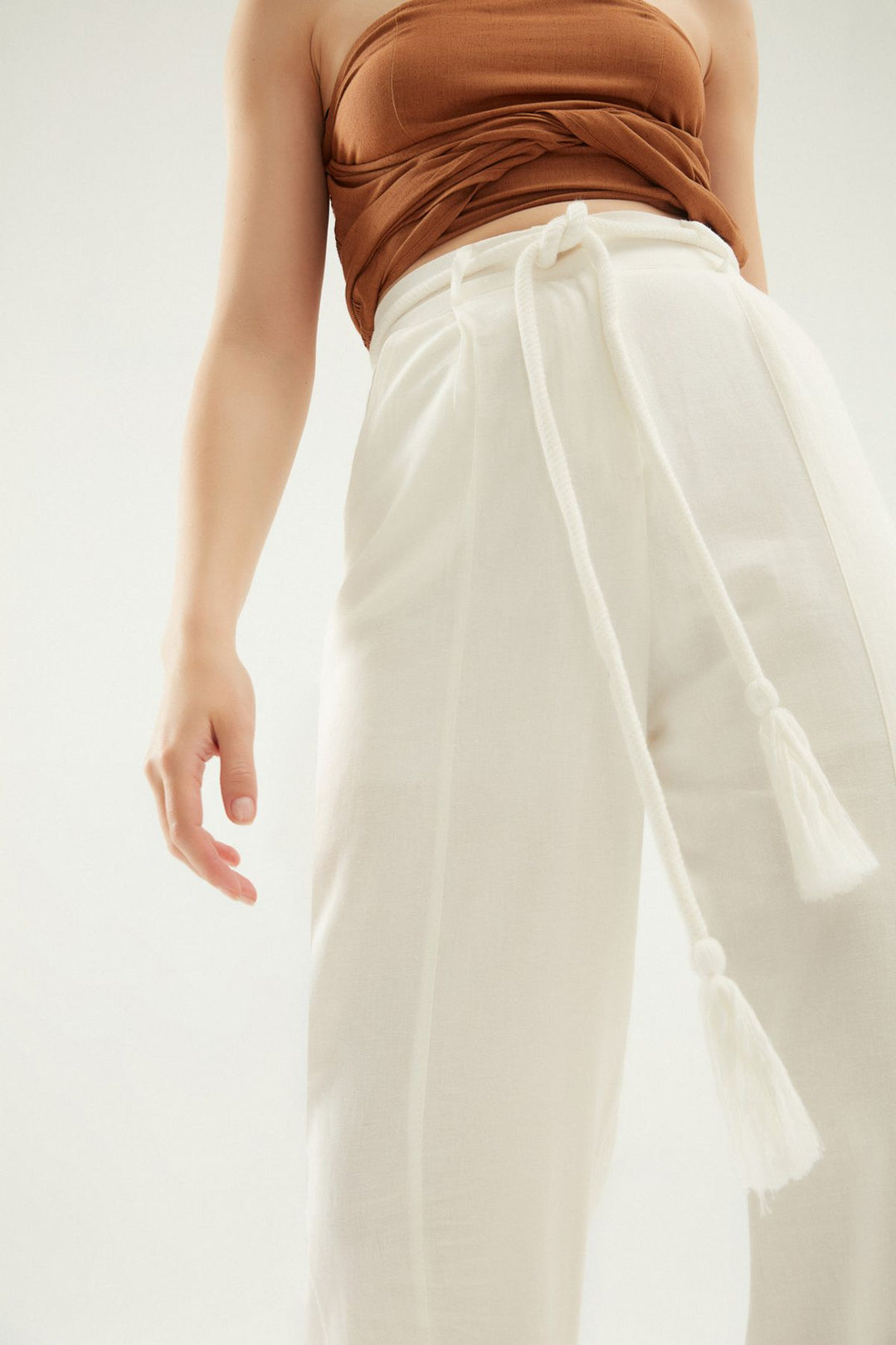 Yırtmaçlı Keten Pantolon Beyaz