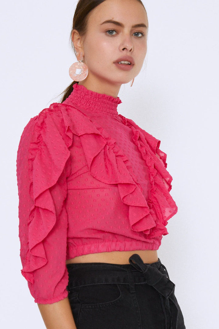 Fırfırlı Beli Lastikli Crop Bluz Fuşya