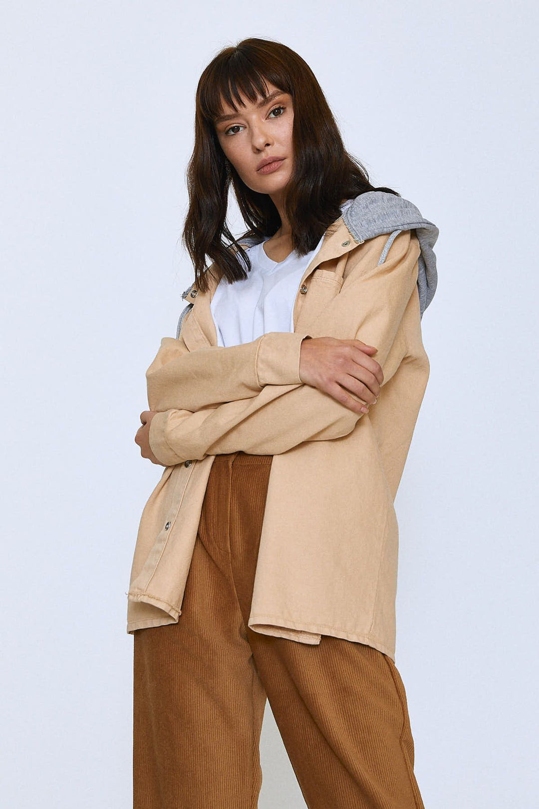 Hooded Shirt Jacket with Pockets Beige
