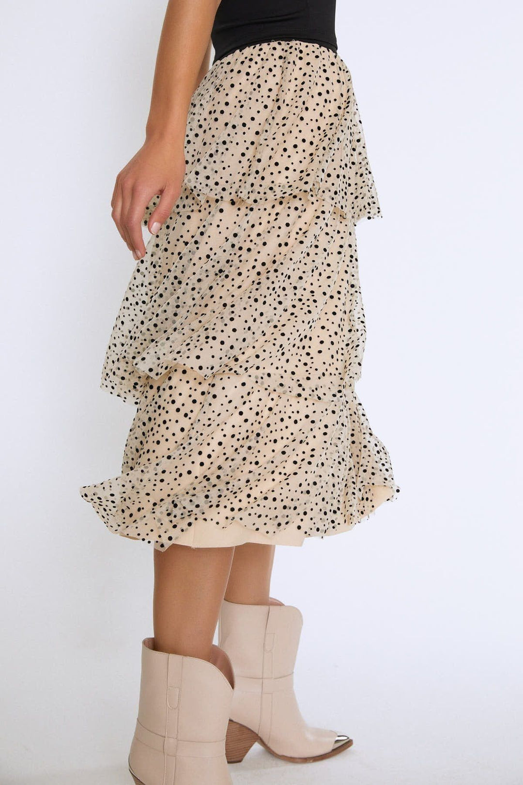 Fırfırlı Beli Lastikli Uzun Etek Bej