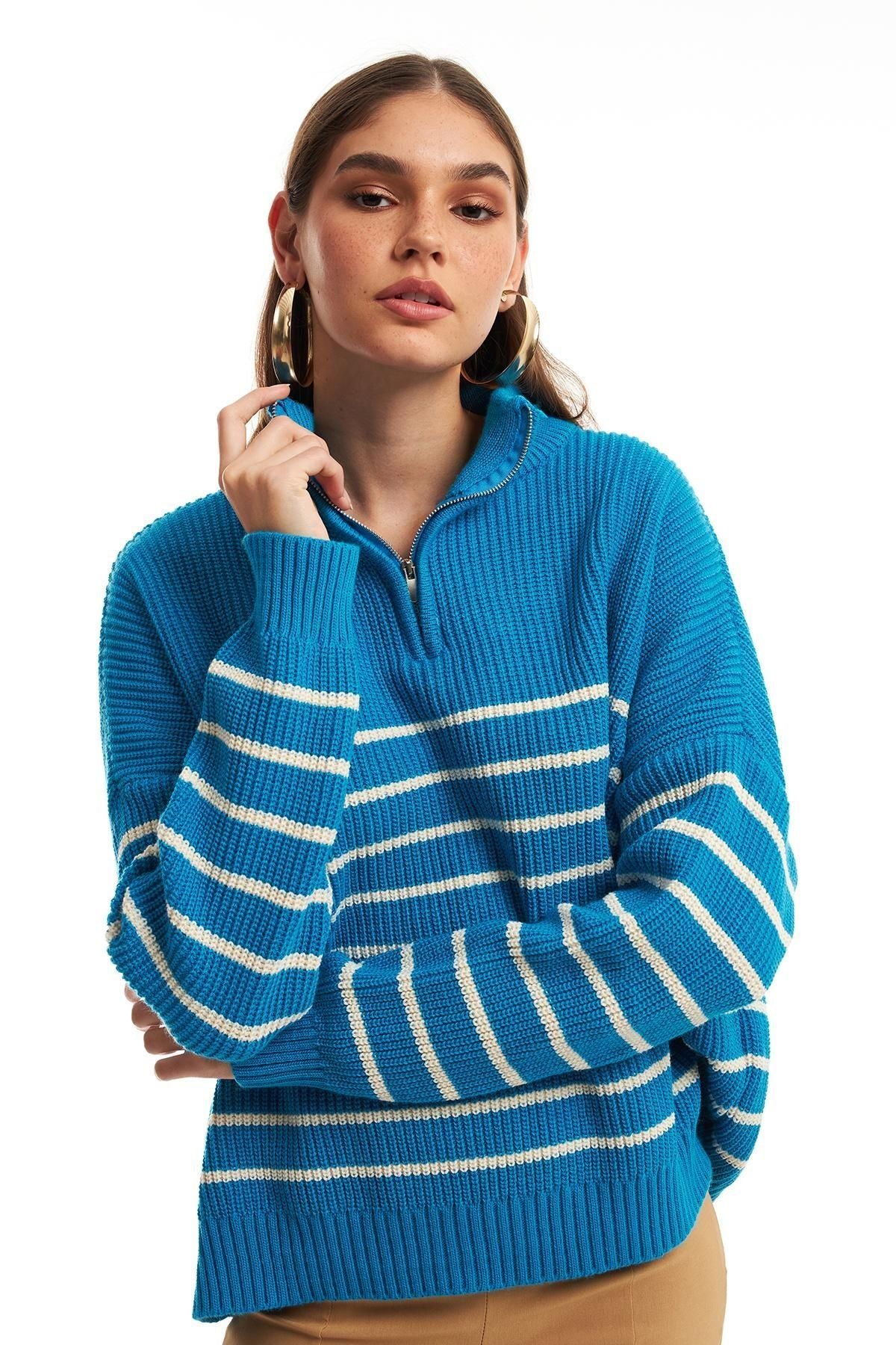 Zipper Striped Sweater Blue