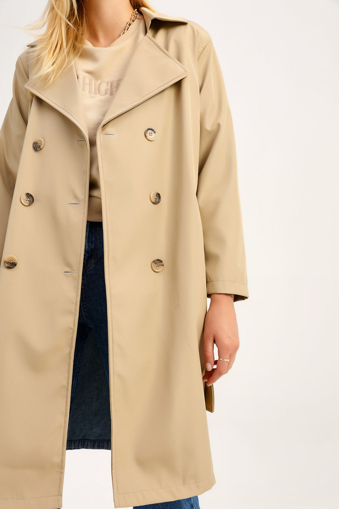 Jeans Detailed Belt Trench Coat Beige