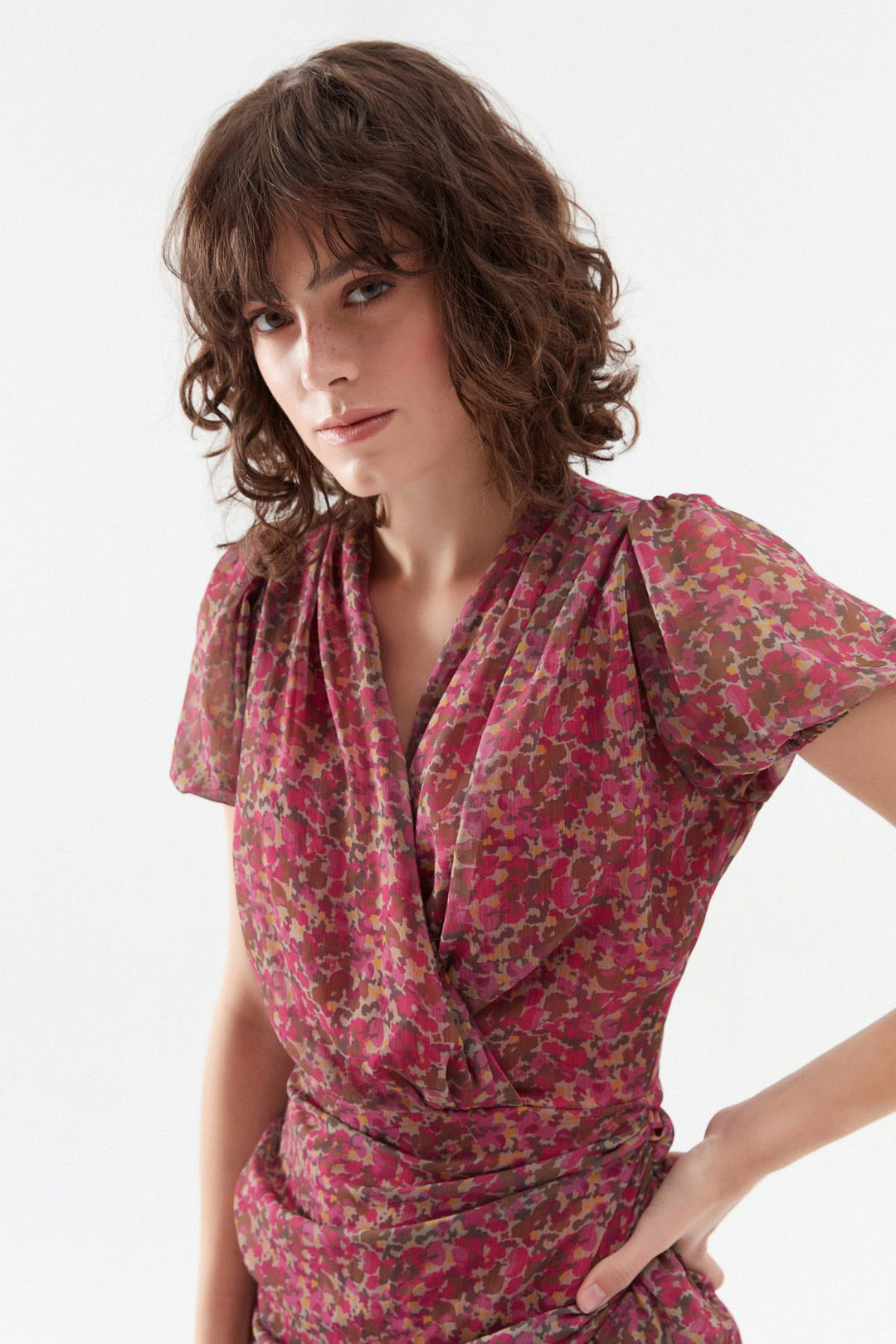 Kruvaze Fırfırlı Elbise Orkide