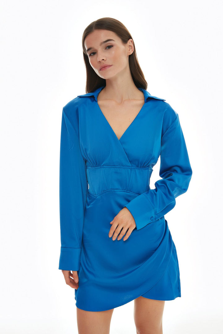 Double Breasted Neck Underwire Detailed Satin Dress Sax