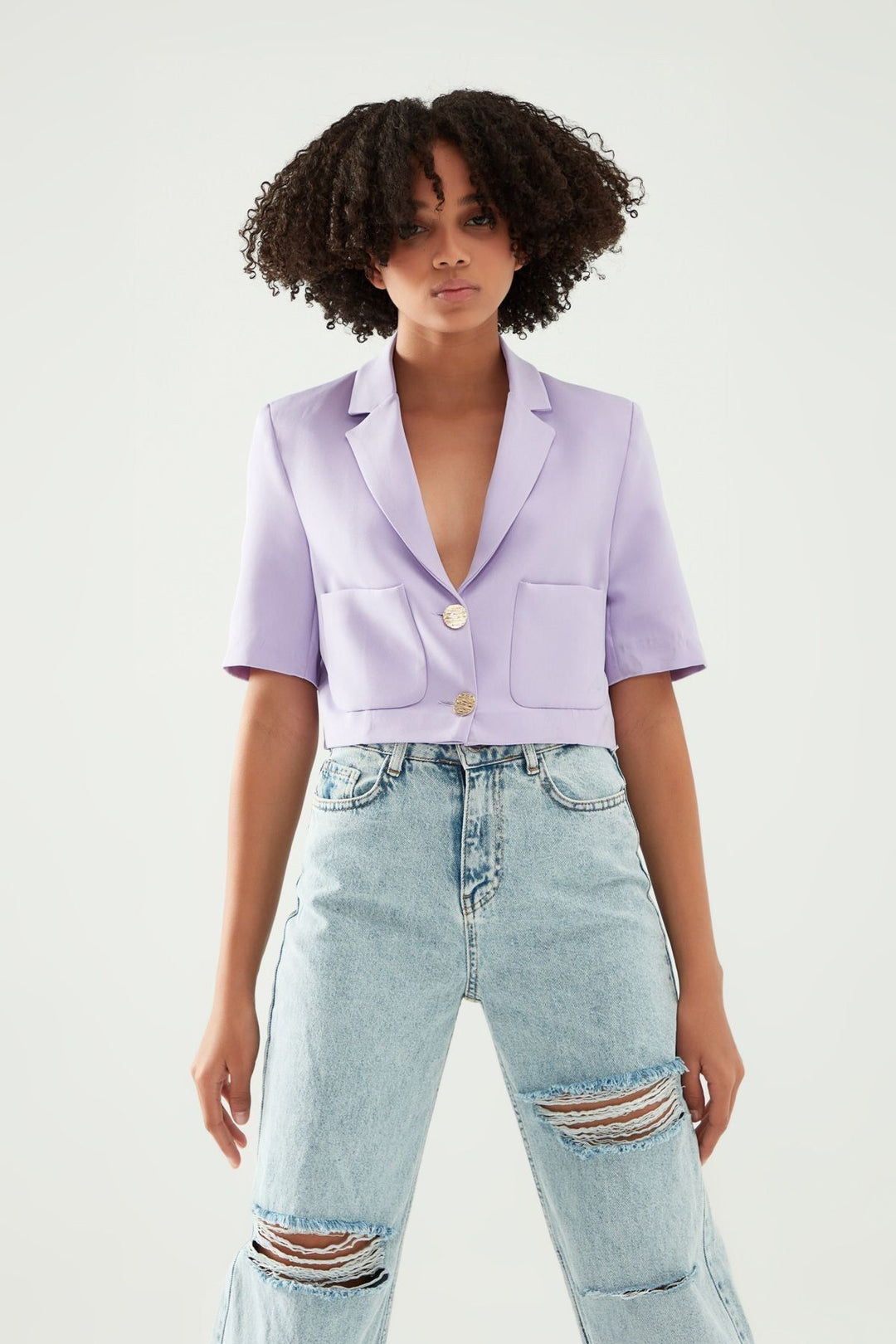 Pocket Detailed Crop Blazer Jacket Lilac