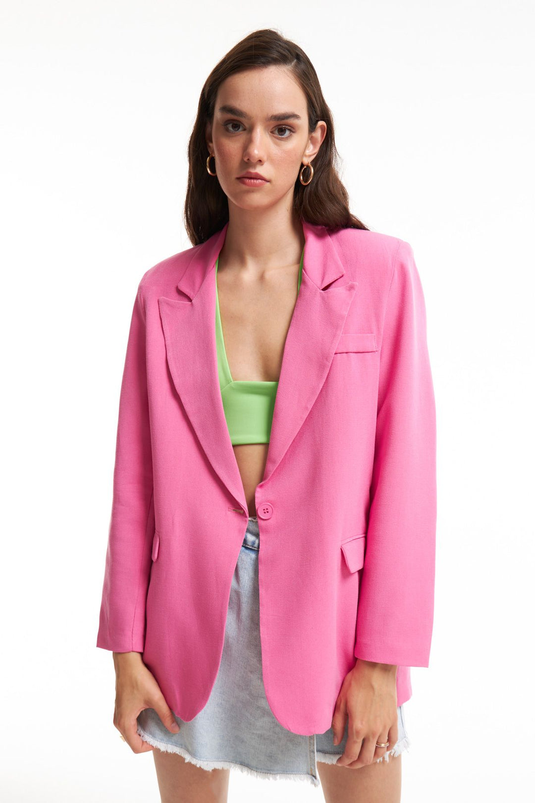 Keten Blazer Ceket Şeker Pembe