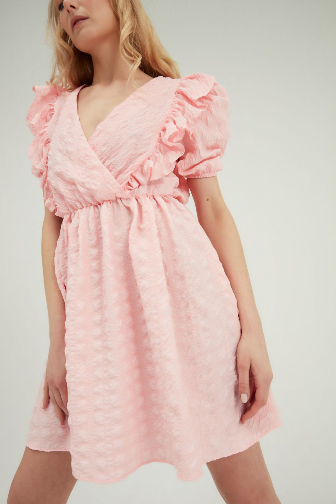 Kruvaze Balon Kol Mini Elbise Pembe