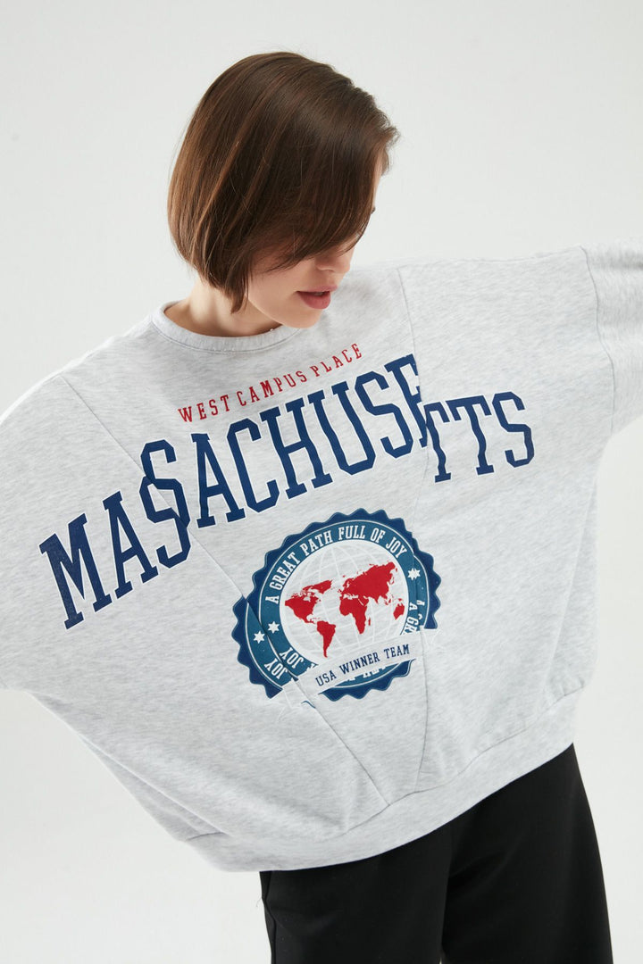 Baskılı Oversize Sweatshirt Açık Gri
