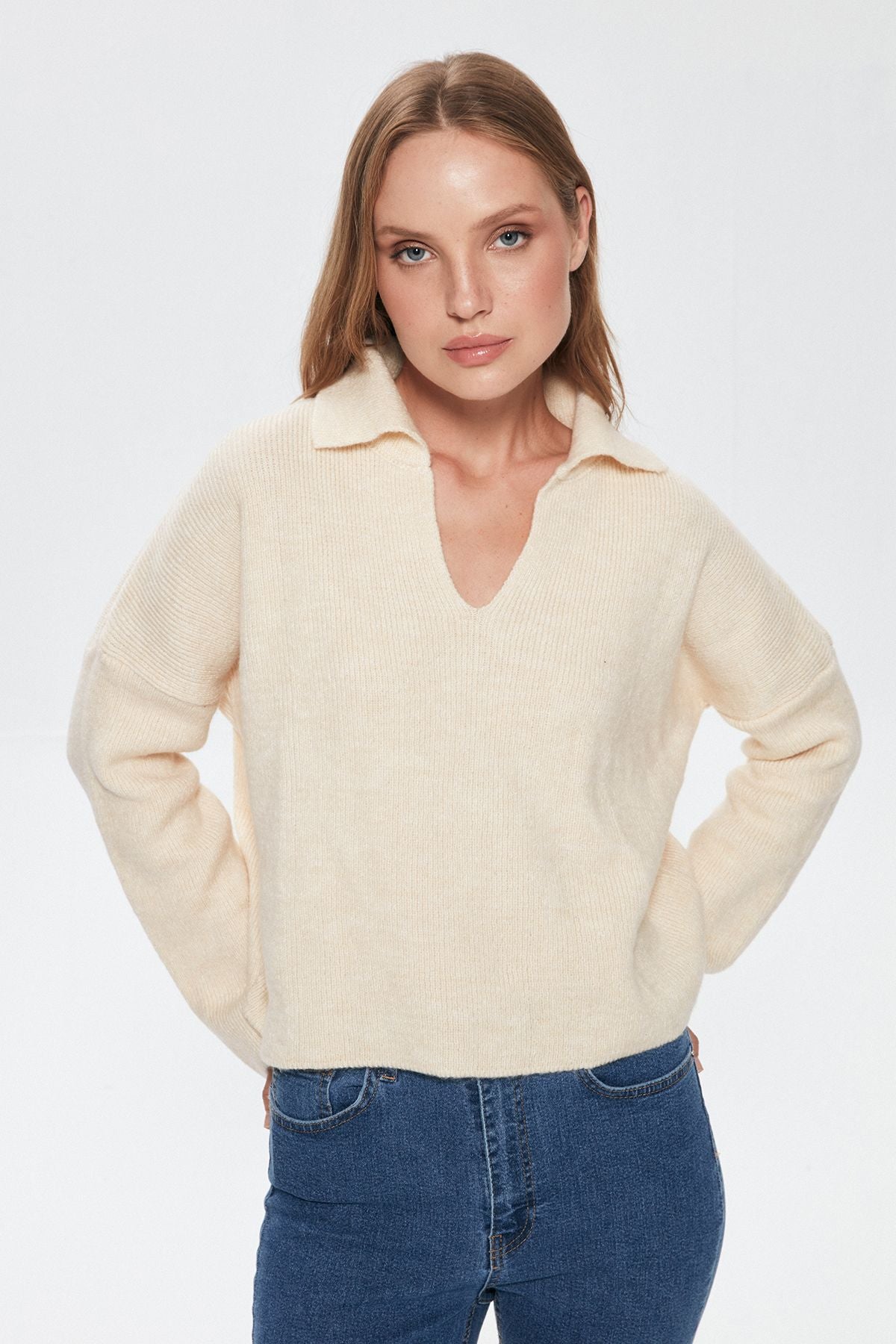 Shirt Collar Crop Sweater Cream
