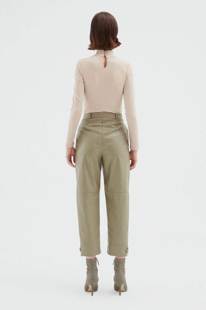 Leather Jogger Khaki With Snap Legs