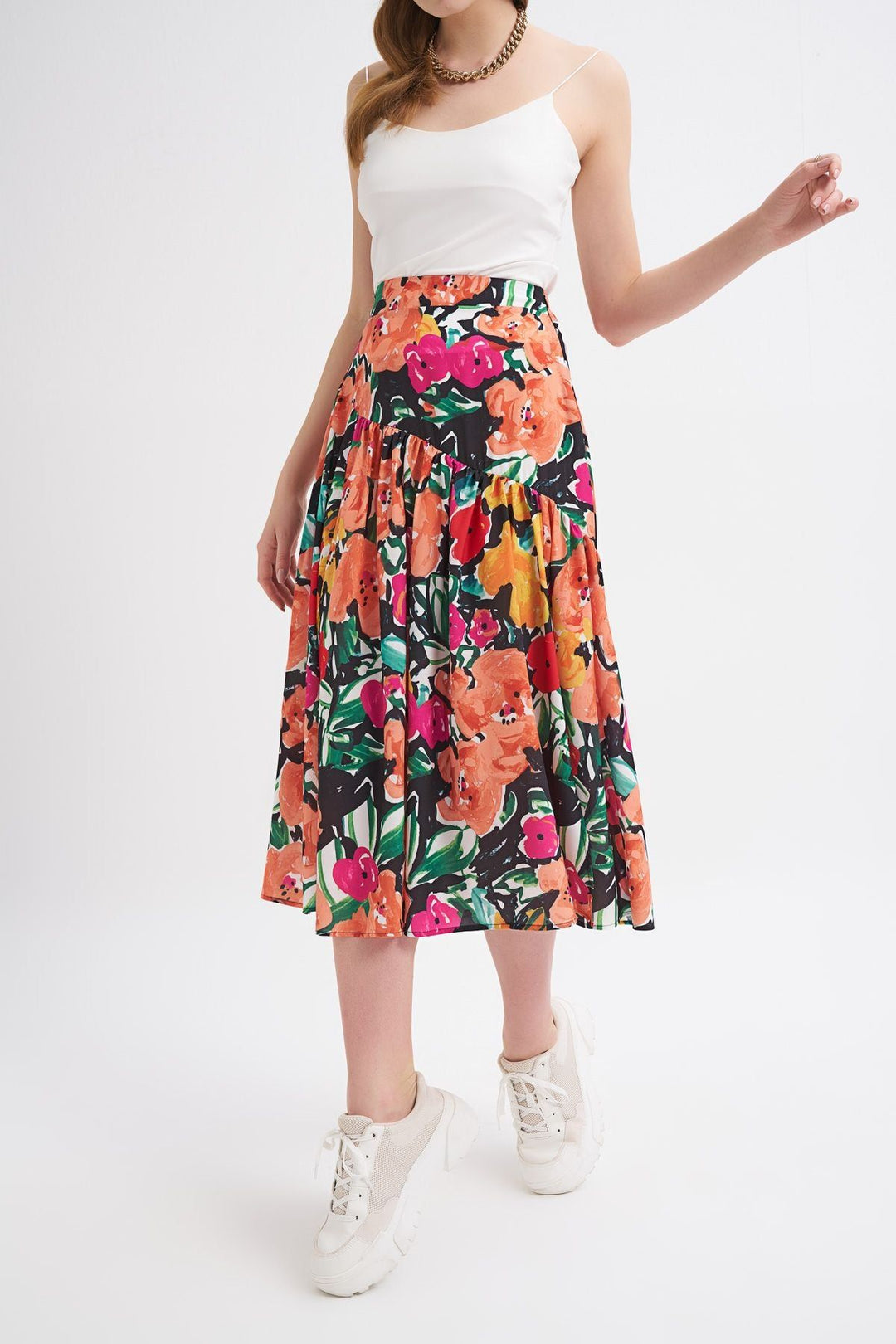 Patterned Slit Detailed Skirt Orange