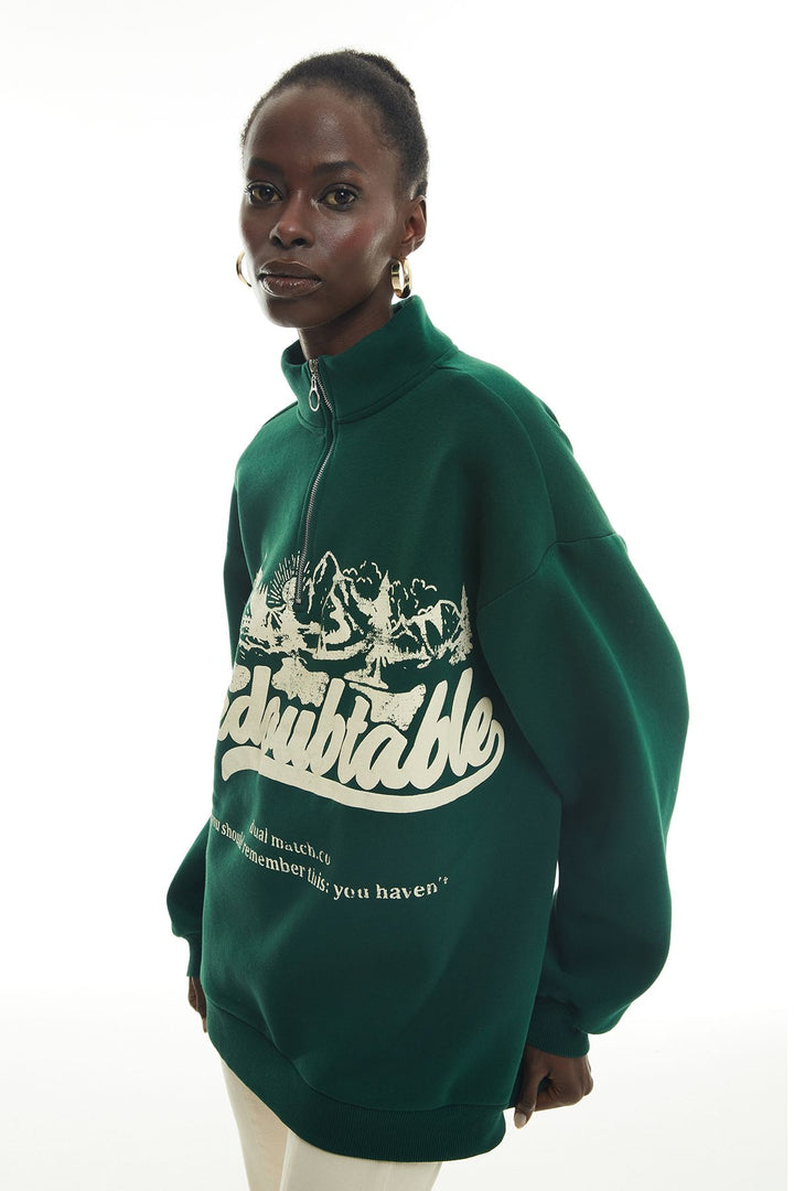 Zipper Collar Printed Sweatshirt Dark Green