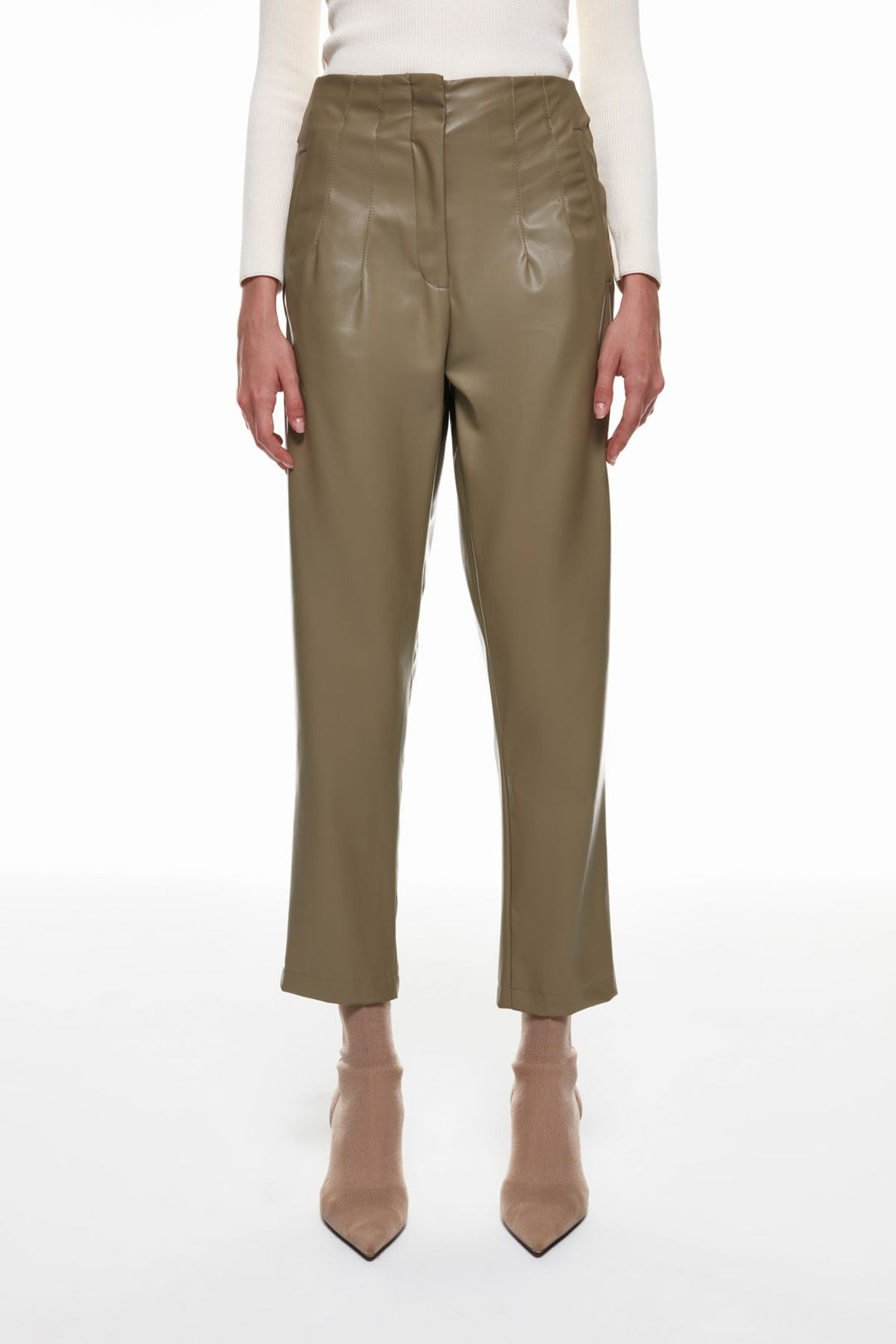Pens Detaylı Deri Pantolon Koyu Haki